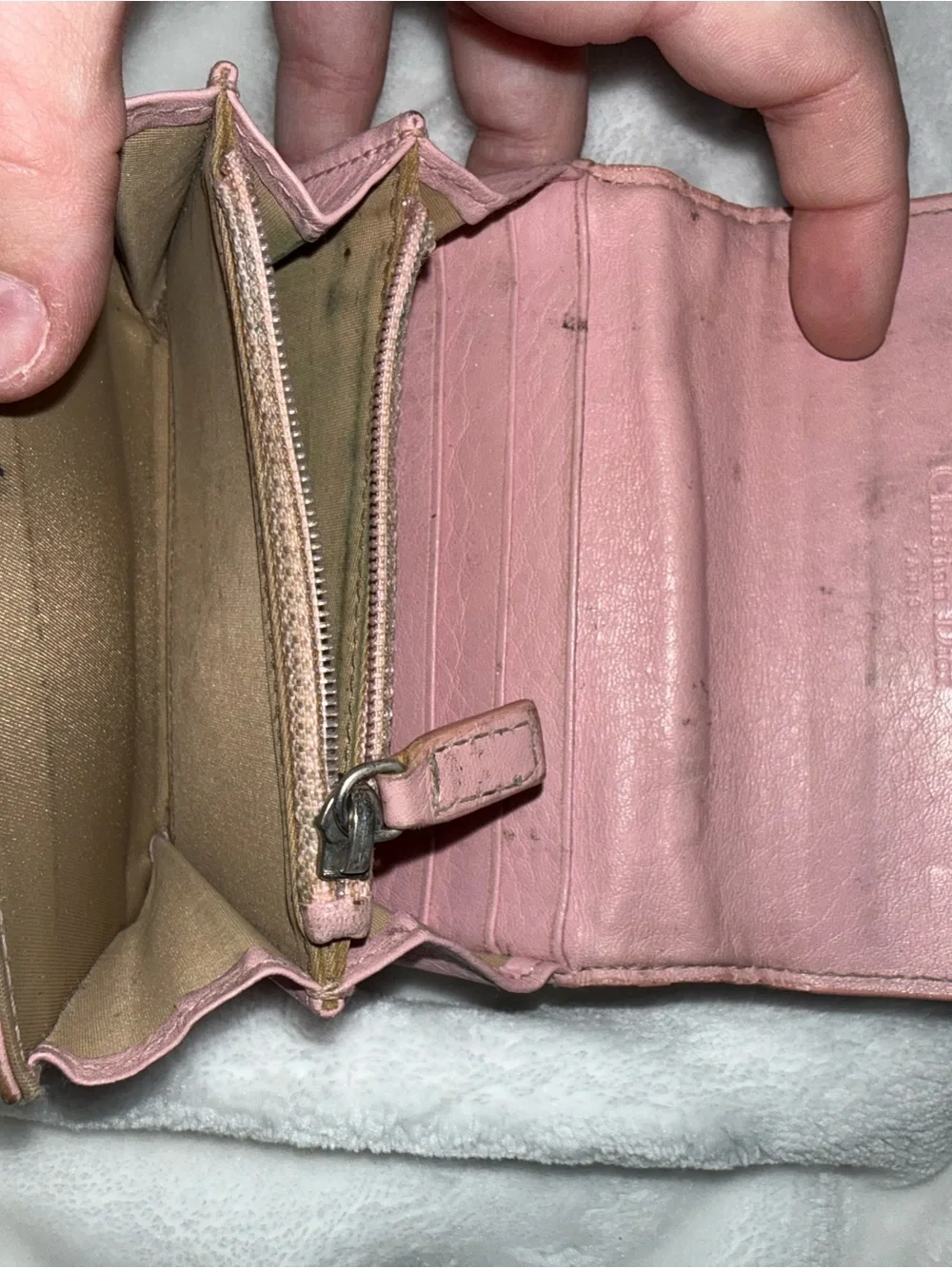 USED Dior Brown Monogram Wallet with Pink Trim and Silver Plate